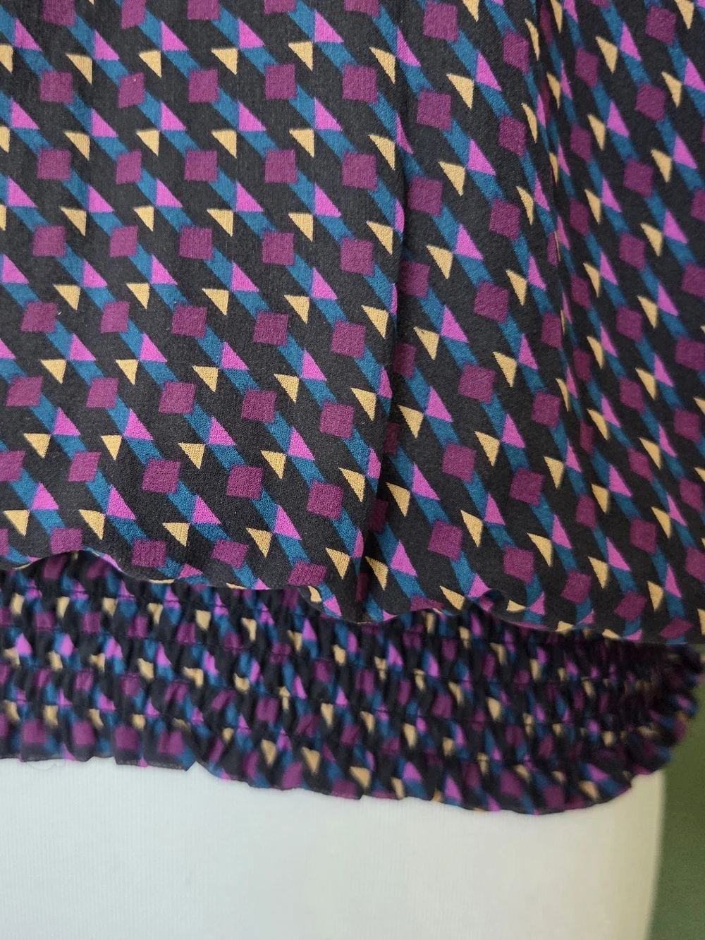 Ramy Brook Avelina Silk Top Navy Geometric Print Puff Sleeve Smocked Hem Large - Picture 5 of 9